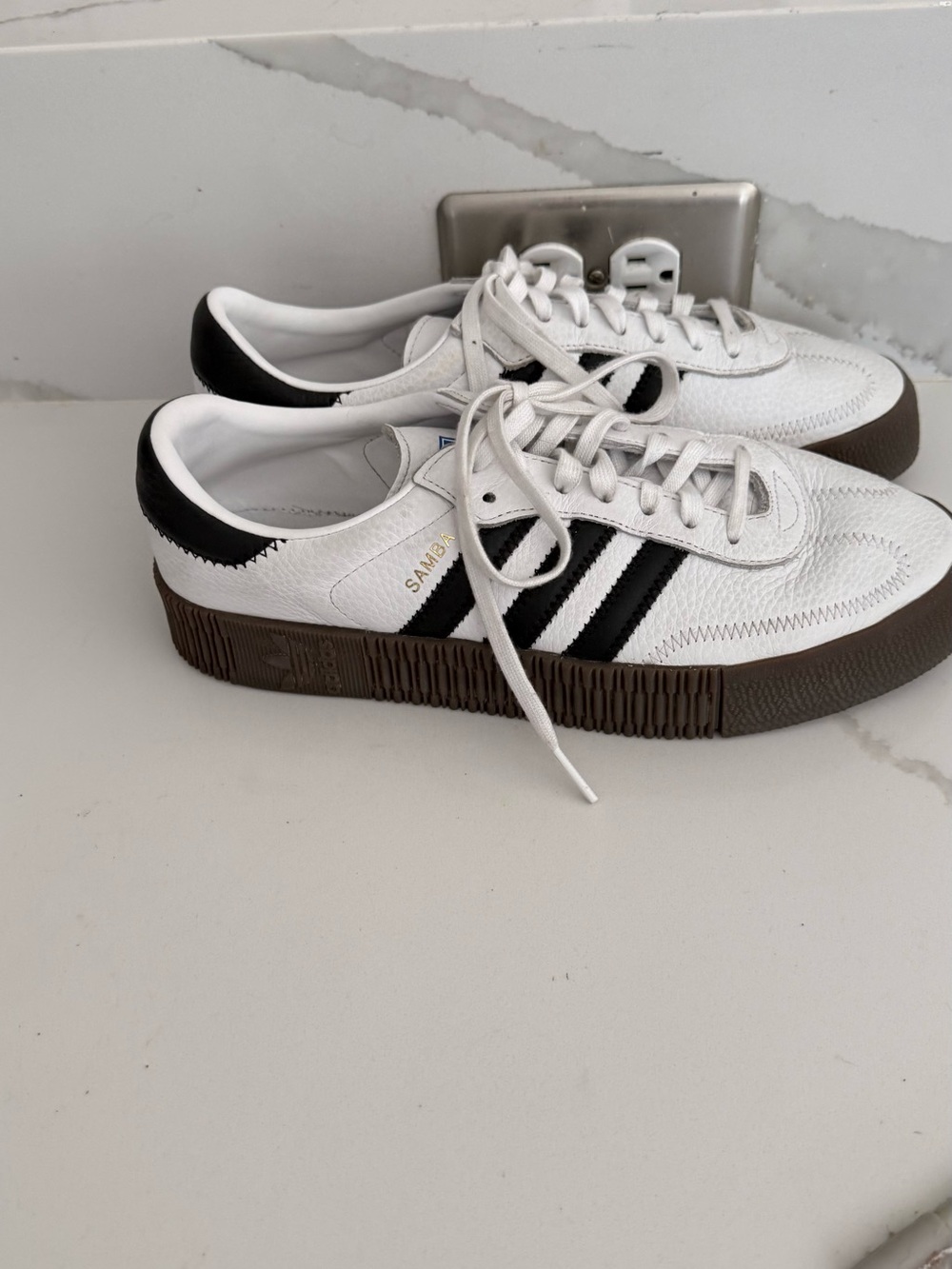 adidas White Sneakers with Black Stripes and Brown Platform Sole